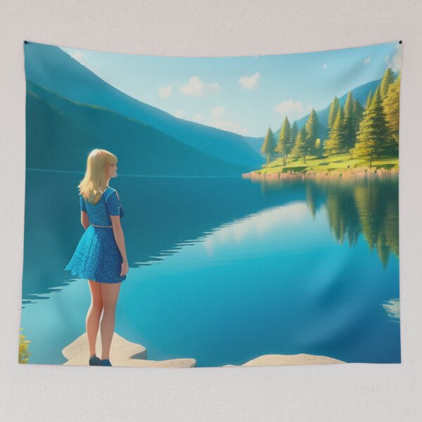 Item preview, Stunning blonde girl admiring the serene lake designed and sold by Nathan Z..