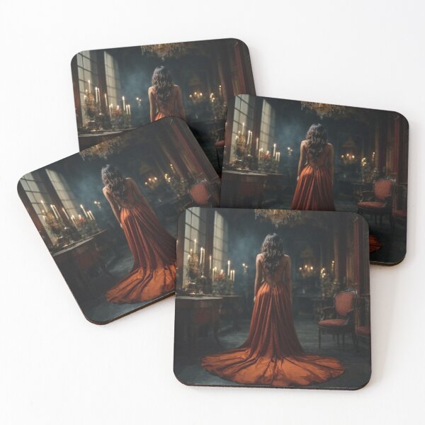 Item preview, Elegant beauty in an orange dress in a vintage candlelit room designed and sold by Fantasymachine.