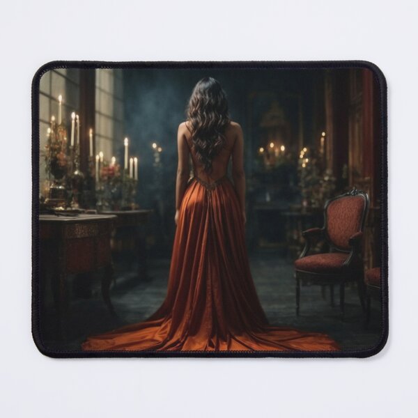 Item preview, Elegant beauty in an orange dress in a vintage candlelit room designed and sold by Fantasymachine.