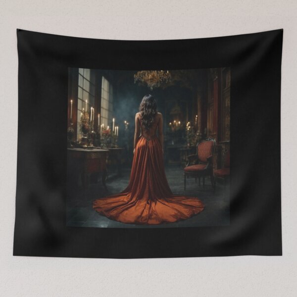 Item preview, Elegant beauty in an orange dress in a vintage candlelit room designed and sold by Fantasymachine.