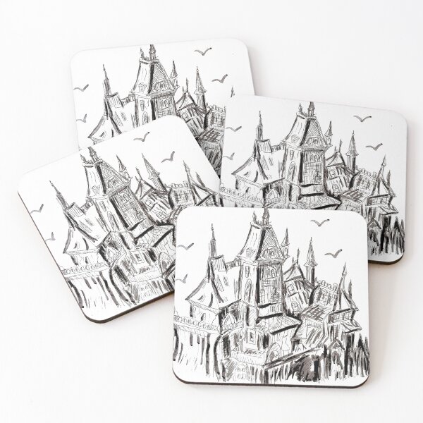 Item preview, Gothic castle black and white pen drawing designed and sold by WorldOfWendyArt.