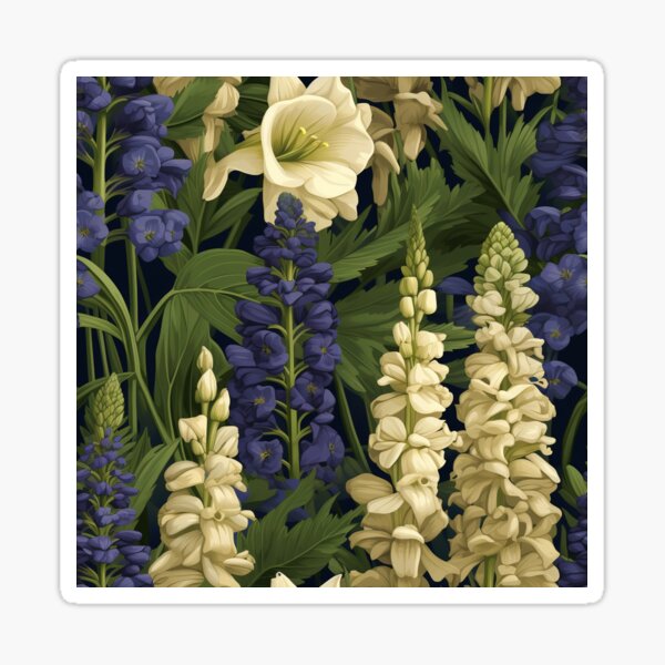 Item preview, Delphinium Tile 04: Sky Dancers in Sapphire and Moonlight on Towering Leafy Thrones designed and sold by TheBrainArt.