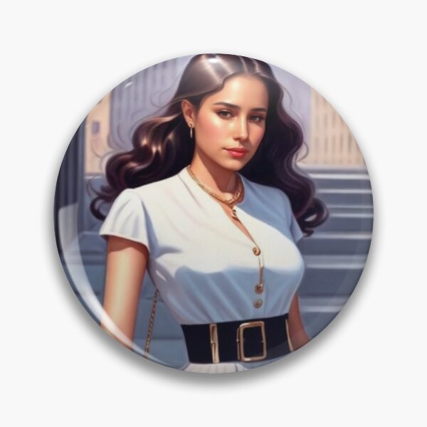 Item preview, "A woman in a white dress and black belt walking down the street."  Written by Chatsonic designed and sold by LuisaLove.