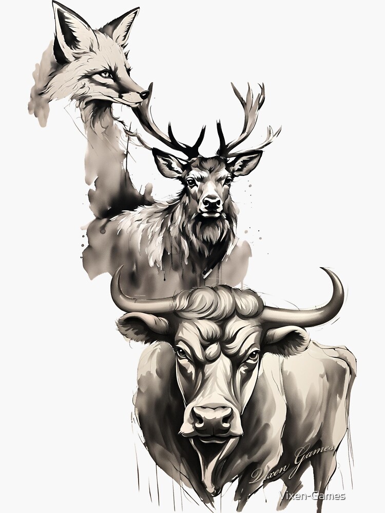 Thumbnail 3 of 3, Sticker, Stag Vixen and Bull Ink  designed and sold by Vixen-Games.