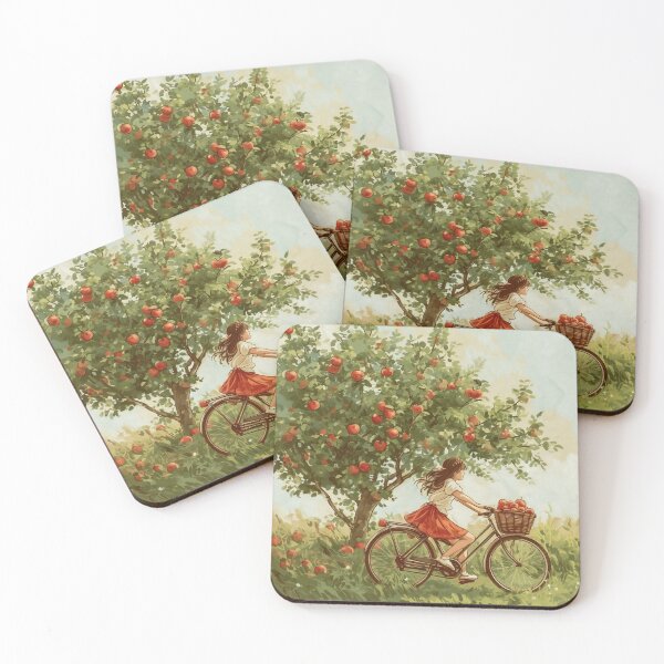 Item preview, Girl ride a bicycle and an apple tree designed and sold by PanKakeDesign.