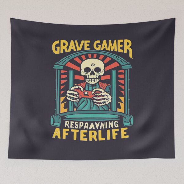 Item preview, Grave Gamer, a skeleton playing video games on a tombstone Retro Vintage Whimsical designed and sold by UrbanGraphixs.