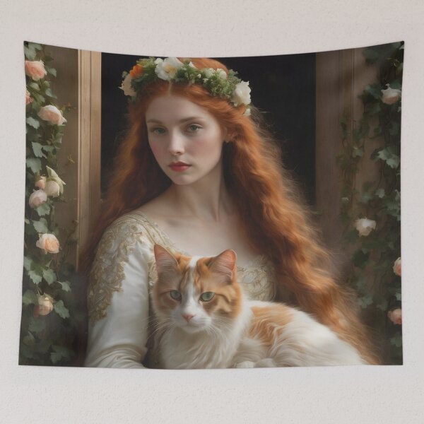 Item preview, Pre Raphaelite Redhead Girl holding a White and Ginger Cat designed and sold by KALEIDOSCOPE UK.