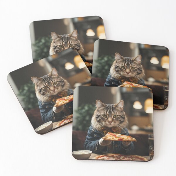 Item preview, A cat in a denim jacket eats a piece of pizza in the kitchen designed and sold by CreativeSparkzz.