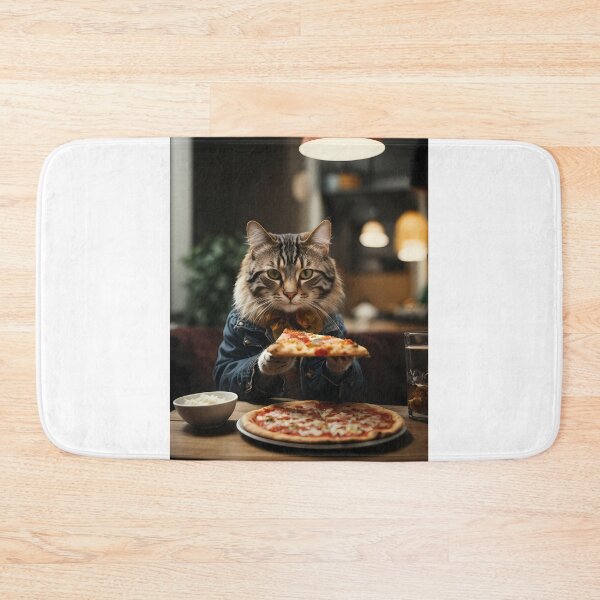 Item preview, A cat in a denim jacket eats a piece of pizza in the kitchen designed and sold by CreativeSparkzz.