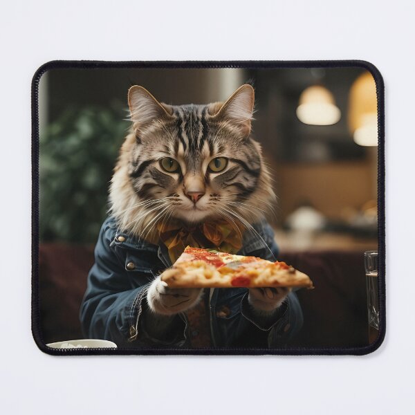 Item preview, A cat in a denim jacket eats a piece of pizza in the kitchen designed and sold by CreativeSparkzz.