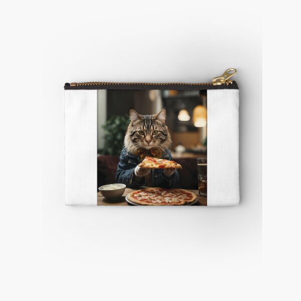 Item preview, A cat in a denim jacket eats a piece of pizza in the kitchen designed and sold by CreativeSparkzz.