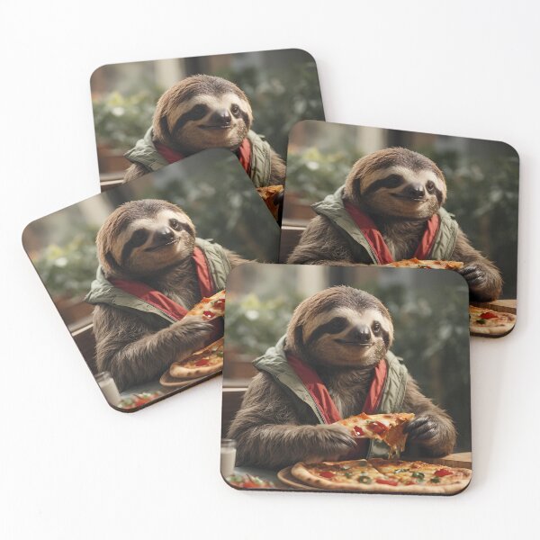 Item preview, A sloth in a vest eats a piece of pizza in the kitchen designed and sold by CreativeSparkzz.