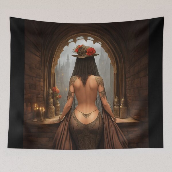 Item preview, elegant beautiful gorgeous lady in dress and hat with red roses looking through the window designed and sold by Fantasymachine.