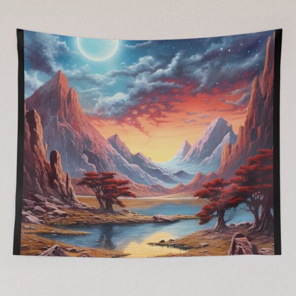 Item preview, Beautiful, bewitching a painting of a mountain lake, trees, full moon in the sky. designed and sold by GiveMeMood.