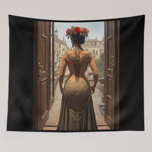Item preview, elegant Duchess, wearing a wreath of flowers, gracefully walks out of the palace designed and sold by Fantasymachine.
