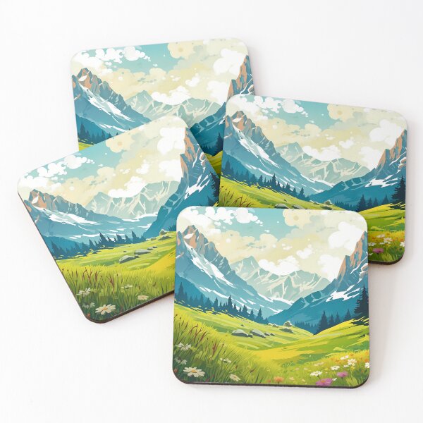 Item preview, Beautiful colorful flower field and green grass meadow in the rocky mountain range, artwork or painting designed and sold by NBSStore.