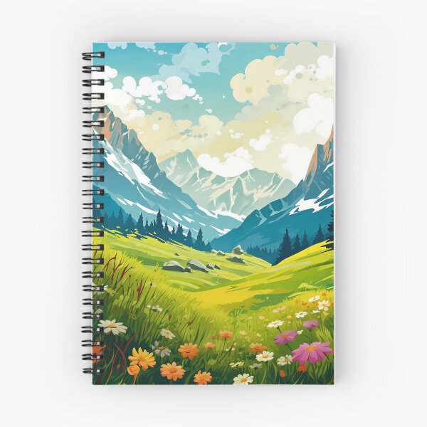 Item preview, Beautiful colorful flower field and green grass meadow in the rocky mountain range, artwork or painting designed and sold by NBSStore.