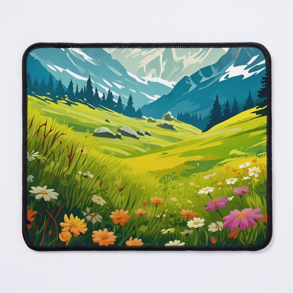 Item preview, Beautiful colorful flower field and green grass meadow in the rocky mountain range, artwork or painting designed and sold by NBSStore.