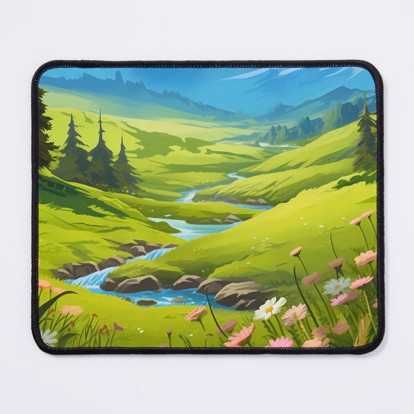 Item preview, Beautiful colorful flower field and green grass meadow in the rocky mountain range, artwork or painting designed and sold by NBSStore.