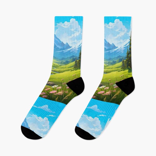 Item preview, Beautiful colorful flower field and green grass meadow in the rocky mountain range, artwork or painting designed and sold by NBSStore.