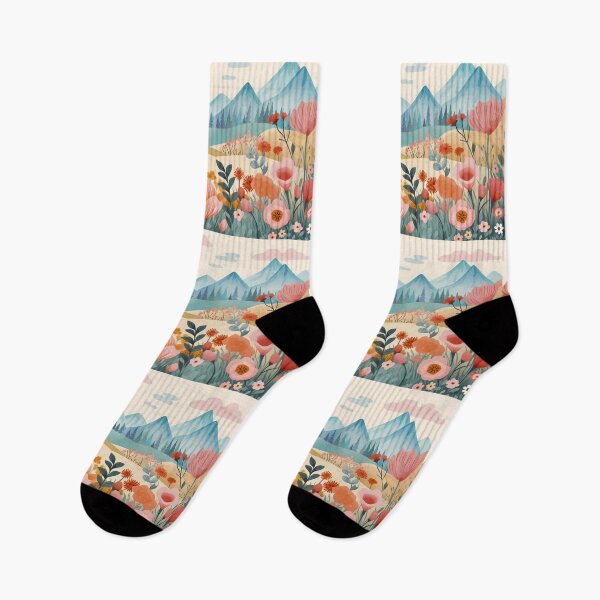 Item preview, Beautiful colorful flower field and green grass meadow in the rocky mountain range, artwork or painting design. designed and sold by NBSStore.
