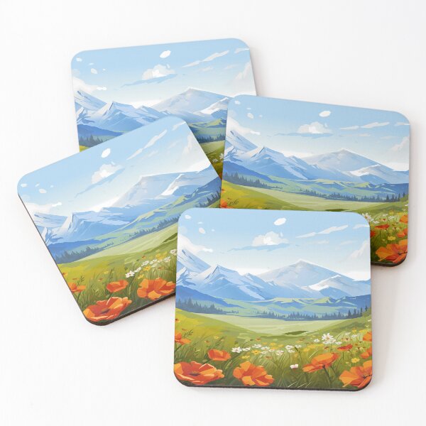 Item preview, Beautiful colorful flower field and green grass meadow in the rocky mountain range, artwork or painting design. designed and sold by NBSStore.