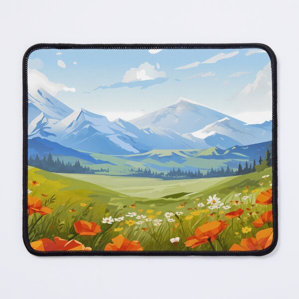 Item preview, Beautiful colorful flower field and green grass meadow in the rocky mountain range, artwork or painting design. designed and sold by NBSStore.