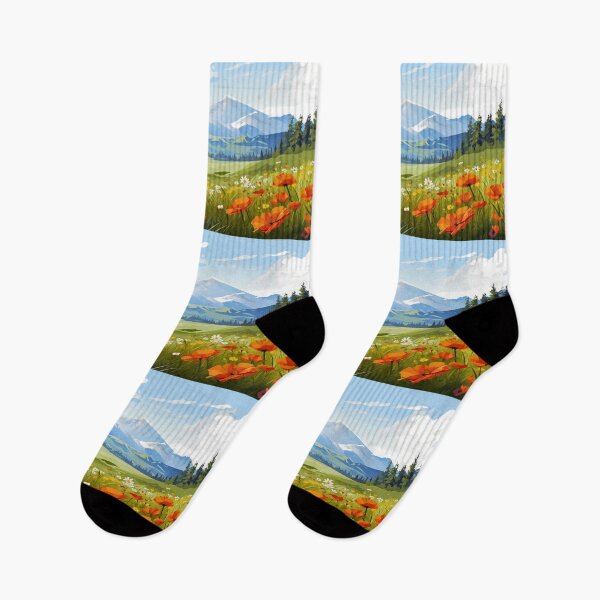 Item preview, Beautiful colorful flower field and green grass meadow in the rocky mountain range, artwork or painting design. designed and sold by NBSStore.