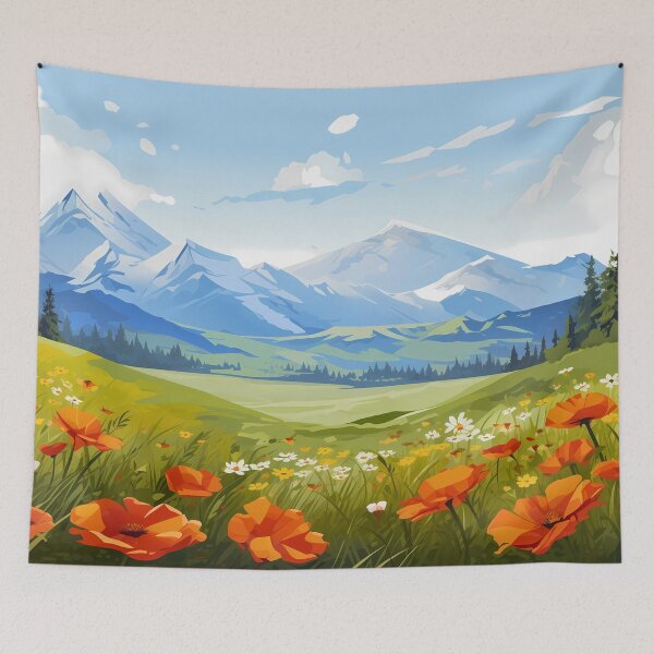 Item preview, Beautiful colorful flower field and green grass meadow in the rocky mountain range, artwork or painting design. designed and sold by NBSStore.