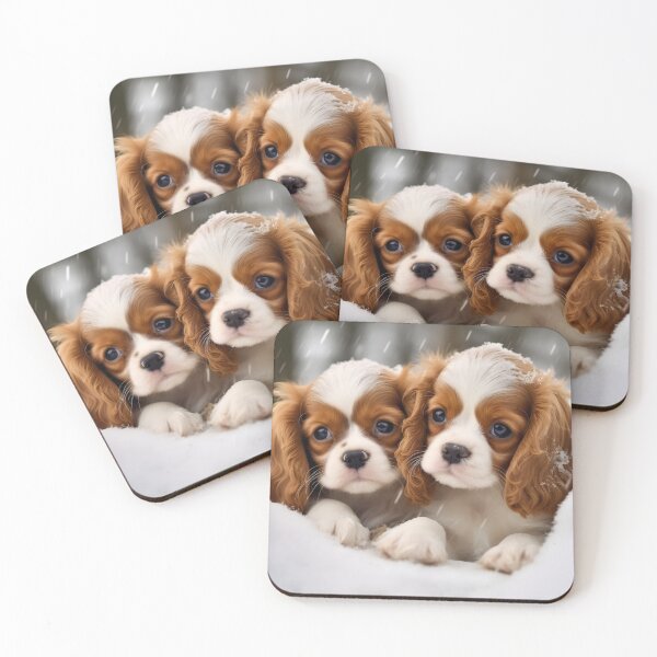 Item preview, Cavalier king charles spaniels mini dog breed white and brown puppies in snow photography designed and sold by NBSStore.