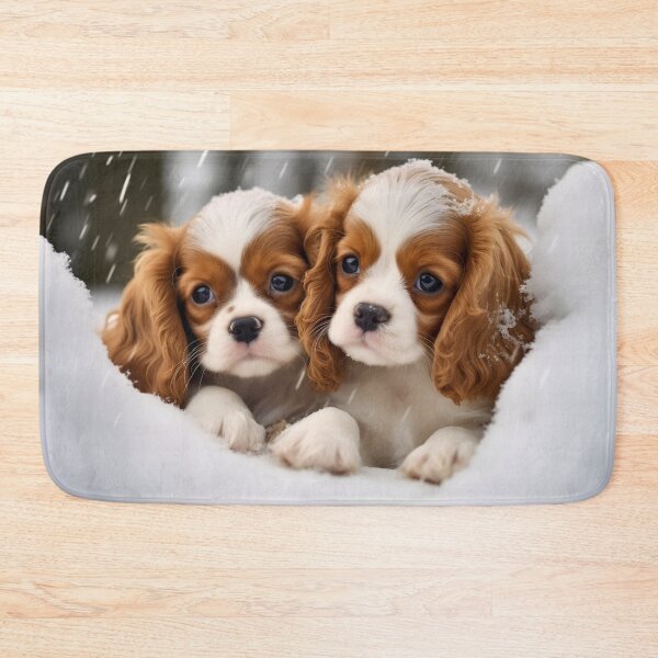 Item preview, Cavalier king charles spaniels mini dog breed white and brown puppies in snow photography designed and sold by NBSStore.