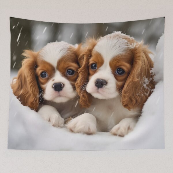 Item preview, Cavalier king charles spaniels mini dog breed white and brown puppies in snow photography designed and sold by NBSStore.