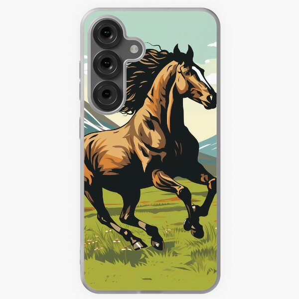 Aperçu de l'œuvre Cheval sauvage brun courant dans la chaîne de montagnes, prairie d'herbe verte, art numérique, esprit de liberté indompté créée et vendue par NBSStore.