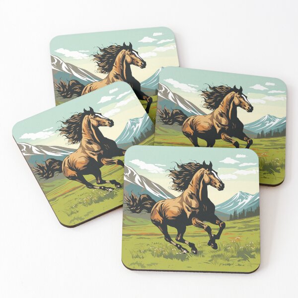 Item preview, Brown wild horse running in mountain range green grass meadow digital art, untamed spirit of freedom designed and sold by NBSStore.