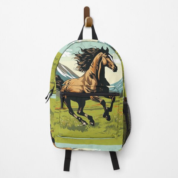 Item preview, Brown wild horse running in mountain range green grass meadow digital art, untamed spirit of freedom designed and sold by NBSStore.