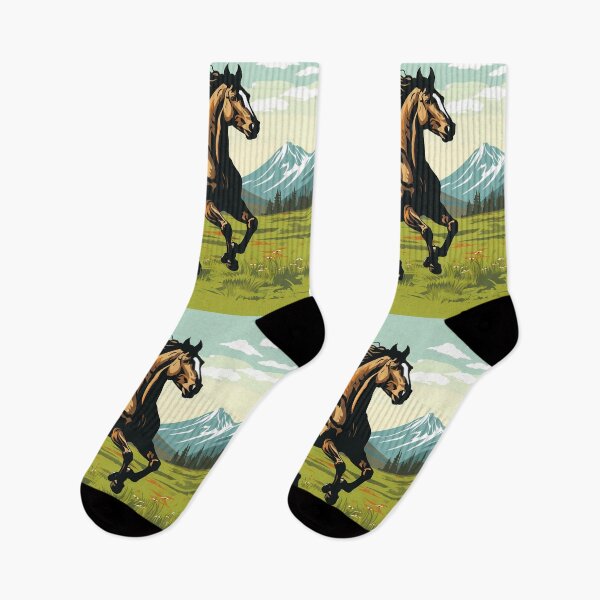 Item preview, Brown wild horse running in mountain range green grass meadow digital art, untamed spirit of freedom designed and sold by NBSStore.