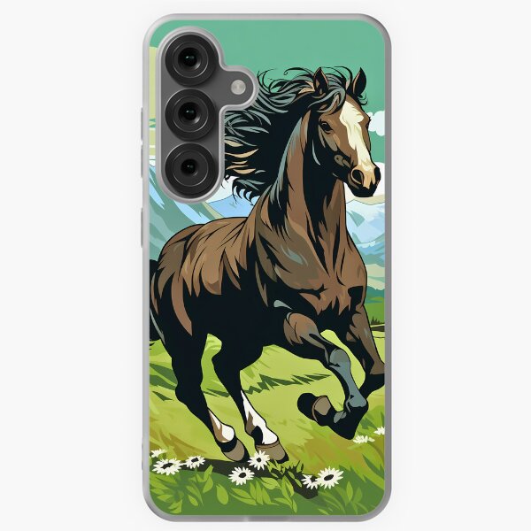 Aperçu de l'œuvre Cheval sauvage brun courant dans la chaîne de montagnes, prairie d'herbe verte, art numérique, esprit de liberté indompté créée et vendue par NBSStore.