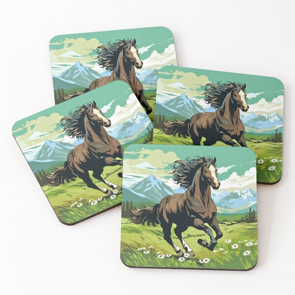 Item preview, Brown wild horse running in mountain range green grass meadow digital art, untamed spirit of freedom designed and sold by NBSStore.