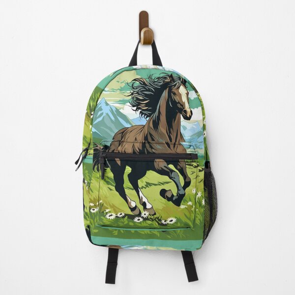 Item preview, Brown wild horse running in mountain range green grass meadow digital art, untamed spirit of freedom designed and sold by NBSStore.