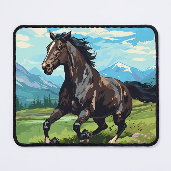 Item preview, Brown wild horse running in mountain range green grass meadow digital art, untamed spirit of freedom designed and sold by NBSStore.