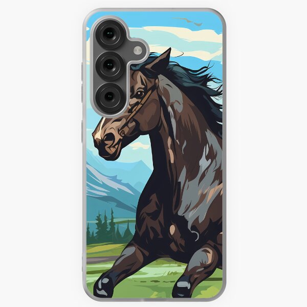 Aperçu de l'œuvre Cheval sauvage brun courant dans la chaîne de montagnes, prairie d'herbe verte, art numérique, esprit de liberté indompté créée et vendue par NBSStore.