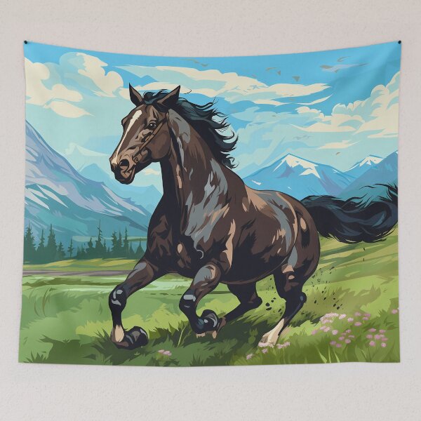 Item preview, Brown wild horse running in mountain range green grass meadow digital art, untamed spirit of freedom designed and sold by NBSStore.