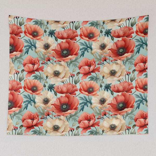 Item preview, Vintage Florals, Poppy with blue backgroud designed and sold by PigmeArt.