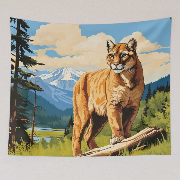 Item preview, Cougar or mountain lion wild predator cat in mountain range nature artwork designed and sold by NBSStore.