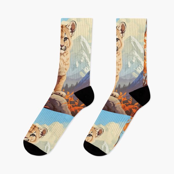 Item preview, Cougar or mountain lion cub wild predator cat in mountain range nature artwork designed and sold by NBSStore.