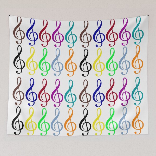 Item preview, Multicolored treble clefs (g clefs) in medium geometric repeated tiled design pattern designed and sold by ElegantTeaTime.