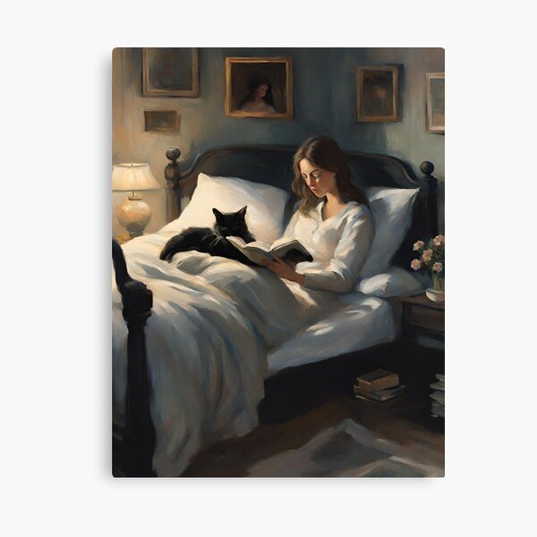 Vista previa del artículo con la obra «Mujer leyendo en la cama con un gato», diseñado y vendido por echowood26.