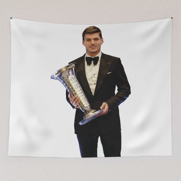 Item preview, F1 Driver Max in a black suit with his 2023 F1 World Championship Trophy  designed and sold by FormulaGTee1.