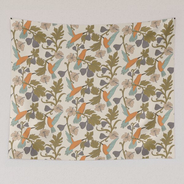 Item preview, Art noveau pattern with hummingbirds, figs, hibiscus blossoms designed and sold by TinyFlowerArt.