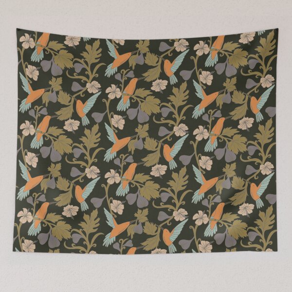 Item preview, Art noveau pattern with figs, hummingbirds, hibiscus blossoms designed and sold by TinyFlowerArt.